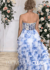 Nicola |Long Light Blue Floral Prom Dresses Near Me With Tulle Tiered A Line Strapless Sweetheart - Price #price_variant_lowest# - Blue Floral - PromDressClub
